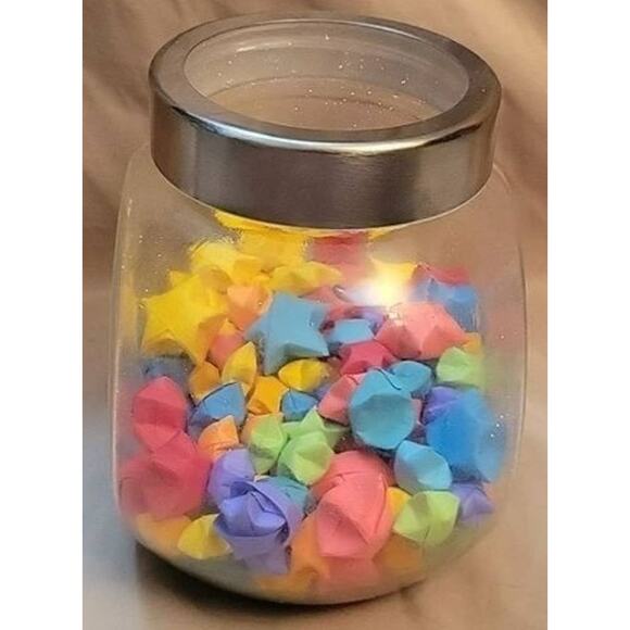 Glass Storage Jar with Handmade Origami Stars in Various Colors - Picture 1 of 5
